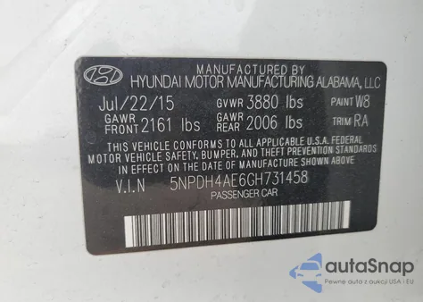 2016 Hyundai Elantra Se z USA, uszkodzony, nr VIN 5NPDH4AE6GH731458